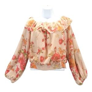 Lumiere Women Sz L Floral Off The Shoulder Ruffle Top Sheer Long Sleeves Fairy